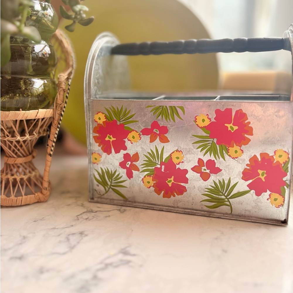 Vintage Floral Metal Caddy with Pink and Yellow Accents